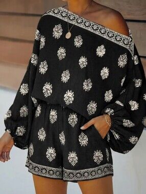 Off-Shoulder Green Printed Romper with Balloon Sleeves Fall Transitional Item